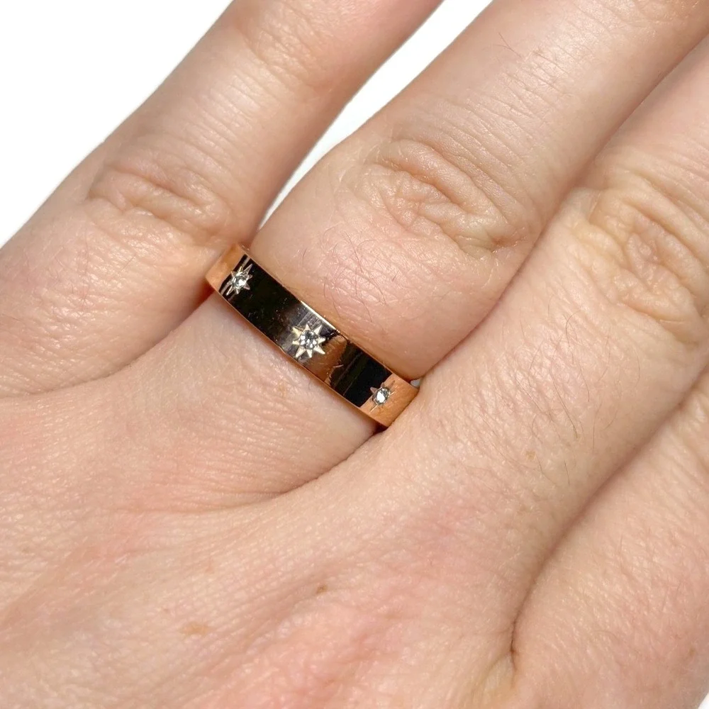 Rose Gold Starburst Celestial Band Ring Size 8 Stainless Steel Cubic‎ Zirconia